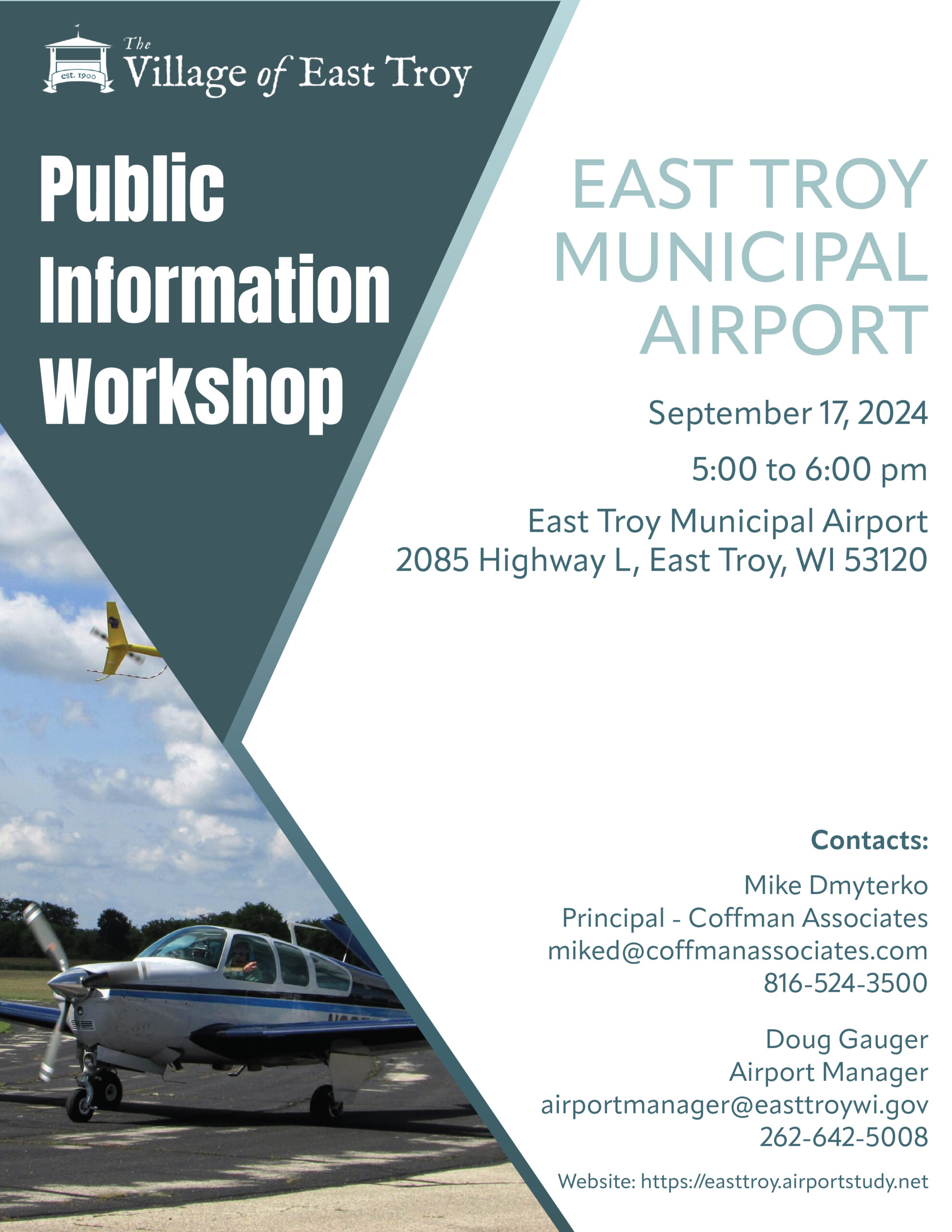 Flier advertising the public information workshop on Spetember 17th, 2024 from 5 to 6 pm at East troy municipal airport. 2085 highway L, East Troy, WI 53120